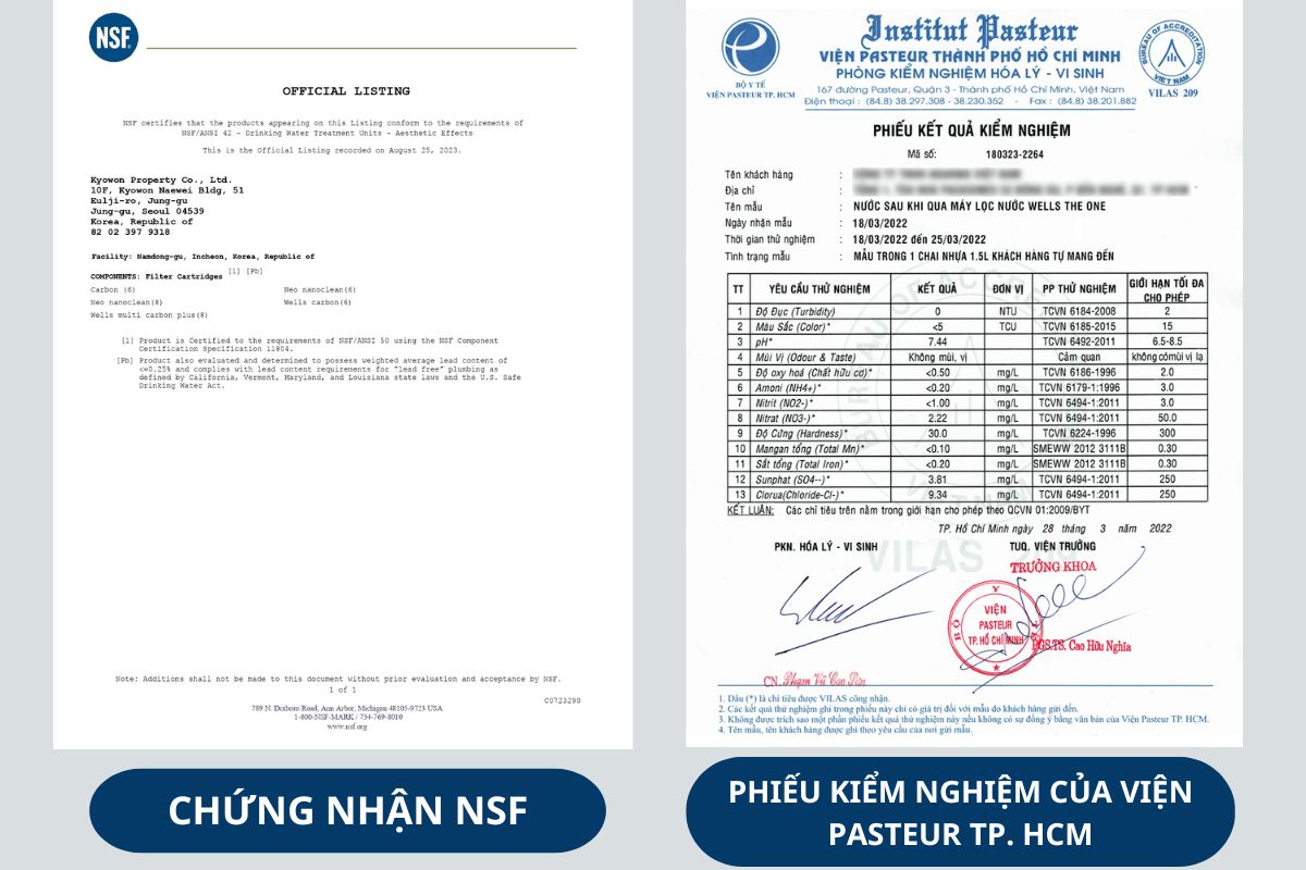 Chứng nhận của NSF & phiếu kiểm nghiệm loại bỏ các chất độc hại trong nước từ Viện Pasteur TP. HCM